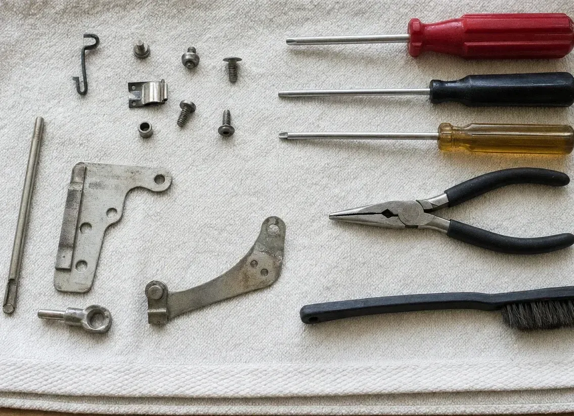 Door hinge plates and an arm bracket laid out with screws, washers, screwdrivers, pliers and a wire brush on a pale towel