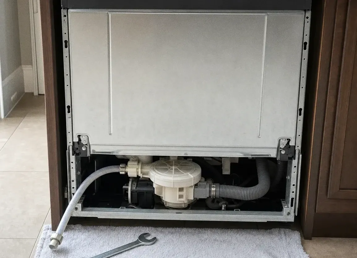 Dishwasher tipped onto its side with the underside toward the camera, sump, motor and hose runs visible, wrench resting on a towel